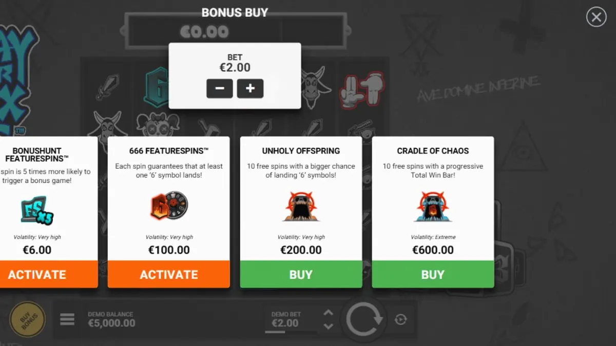 Tela de jogo do slot Pray for Six com elementos góticos e monocromáticos