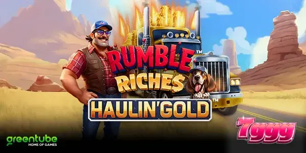Caminhão em uma estrada dourada representando o tema do slot Rumble Riches Haulin Gold